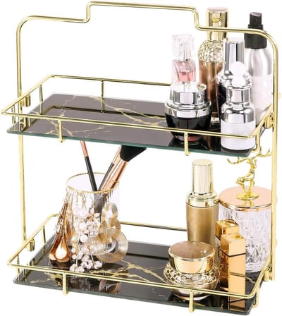 Make-up Organizer Plank - Cosmetica Opslag - Bureau Opruimen - Verwijderbare Glazen Lade - 2 Lagen - Goud