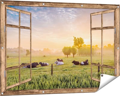 Gards Tuinposter Doorkijk Koeien in de Wei tijdens Zonsopgang - 120x80 cm - Tuindoek - Tuindecoratie - Wanddecoratie buiten - Tuinschilderij