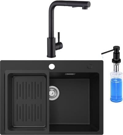 CECIPA max Spoelbak voor keuken 60x45cm Antraciet - Granieten Spoelbak Met Keukenkraan en Zeepdispenser 300ML - Roestvrij staal - Wasbak met waterafvoersysteem - Granieten spoelbak met afdruip