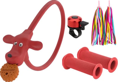 Rieba® Fietsslot 4-delige Set Rood - Kinderslot voor Kinderfiets - Inclusief Fietsbel - Stuurslingers & Handvatten - Accessoires voor Kinderen - Fiets Kind - Rood