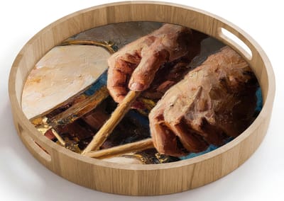 Dienblad rond 40x40 cm - Schootdienblad hout - Drumstokken - Olieverf - Man - Borrelplank rechthoek - Plateau houten dienbladen