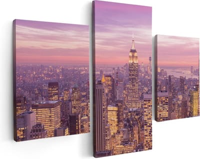 Artaza Canvas Schilderij Drieluik New York Skyline Met Lichten Bij Zonsondergang - 90x60 - Foto Op Canvas - Canvas Print