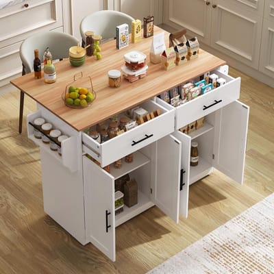 Inklapbare Serveerwagen met Houten Poten en Wielen: Mobiele Keukentrolley met 2 Deuren en 2 Laden, Ideaal voor Keuken en Eetkamer, 120x46(70)x91.5 cm