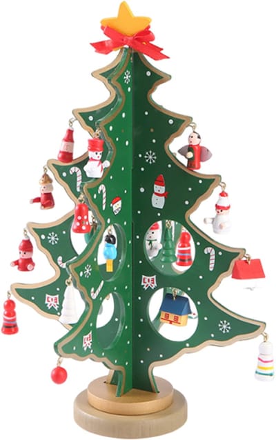 Peysaitr - Houten kerstboom versieringen - met mini-ornamenten - kerstversiering - voor feestdecoraties, tafeldecoratie thuis - 22x27x3CM - Groen - 1 stuk