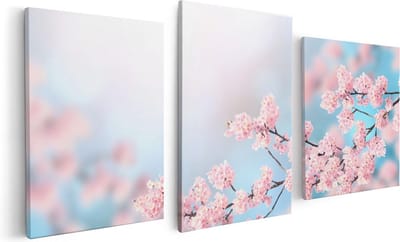 Artaza Canvas Schilderij Drieluik Roze Bloesem Bloemen - 120x60 cm - Wanddecoratie Woonkamer - Schilderijen - Muurdecoratie