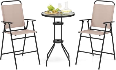 KOMFOTTEU Bistroset voor de tuin met, tafel met parasolgat en 2 klapstoelen, tuintafel en stoelen, set voor buiten, balkonset