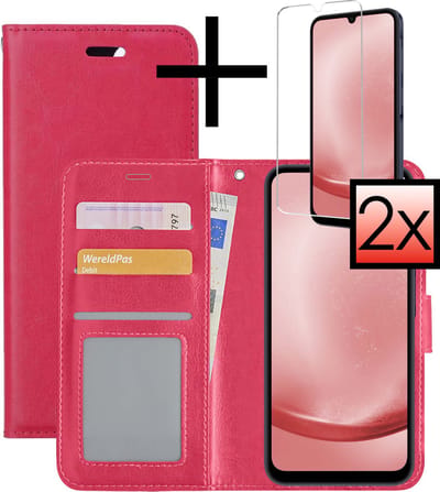 Hoesje - Met 2x Screenprotector - Geschikt voor Samsung Galaxy A25 - Luxe Pasjeshouder - Bookcase Portemonee - Flip Case - Kunstleer Book Case - Flipcase Hoes - Book Cover - Walletcase - Portemonneehoes - Donkerroze