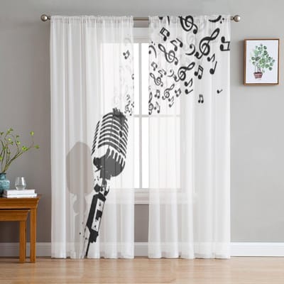 Retro Microfoon Muziek Jazz Radio Of Concert Chiffon Transparante Gordijnen voor Woonkamer Slaapkamer Raamgordijn Voiles Tule Cortinas 135W x 114H(cm) white