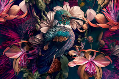 The Hummingbird - Kolibrie kunst op hoge kwaliteits postermateriaal. Wanddecoratie vogels en bloemen - 40cm x 30cm