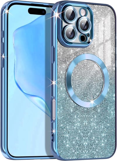 Hoesje Geschikt Voor iPhone 16 Pro Magsafe hoesje Blauw - Lens beschermer glitter backcover