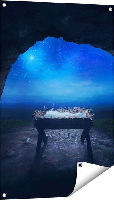 Gards Tuinposter Kribbe in een Grot onder de Ster van Bethlehem - 60x90 cm - Tuindoek - Tuindecoratie - Wanddecoratie buiten - Tuinschilderij