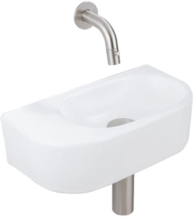 QeramiQ Fuente Fonteinset - 40x21.5x12cm - glad - halfrond - keramiek - fonteinkraan geborsteld rvs - afvoerplug - verlaagd sifon - wit mat