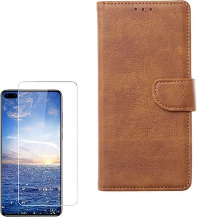 hoesje Geschikt voor: Huawei P40 Pro Plus Portemonnee Bruin met 2 stuks Glas Screen protector