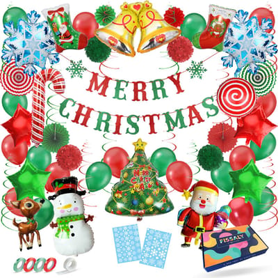 Fissaly Kerst Versiering Decoratie Pakket – Kerstmis Kerstboom & Kerstman – Kerstdecoratie voor Binnen – Ballonnen Groen & Rood - Incl. Sneeuwvlok stickers