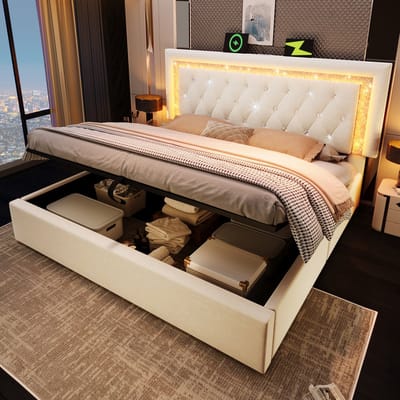 Sweiko Gestoffeerd bed - 160x200 cm - LED-verlichting - USB/Type-C - Opbergruimte - Beige