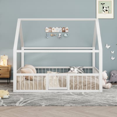BLACKCOLORS - Platbed - 140 x 200 cm - Metalen bedframe - IJzeren kinderbed - Met sierlijsten en reling - Wit - Zonder matras