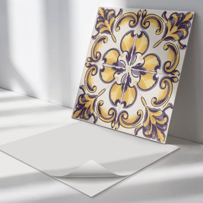 Wallfluent Vinyl Tegels - Patroon met Bloemmotieven Vinyl Vloer Tegels - 30 cm x 30 cm - Geel PVC Tegels - 9 stuks - Vierkant PVC Tegels - Texturen Plaktegels - Zelfklevende Vinyl Tegels - Plaktegels Keuken en Badkamer