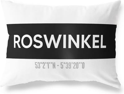 Tuinkussen ROSWINKEL - DRENTHE met coördinaten - Buitenkussen - Bootkussen - Weerbestendig - Jouw Plaats - Studio216 - Modern - Zwart-Wit - 50x30cm