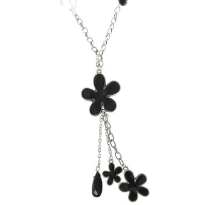 Behave - Lange ketting met zwarte bloemenhangers - Antiek zilverkleur - 60 cm + 7,5 cm verlengketting