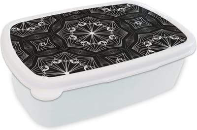 Broodtrommel Wit - Lunchbox - Brooddoos - Bloemen - Design - Zwart - Wit - Geometrie - 18x12x6 cm - Volwassenen