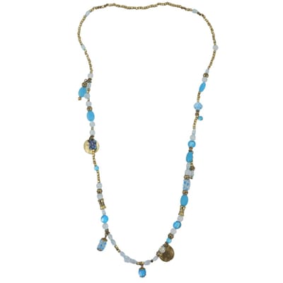 Behave - Ketting - 102 cm Lang - Aqua Blauwe Glaskralen - Antiek Goudkleur