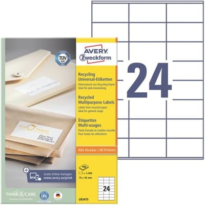 Etiketten AVERY® : Zweckform, voor printertype inkjet/laser, rechthoekig, duurzaam, A4-formaat, papier, natuurwit, 2400 etiketten, B 70 x H 36 mm