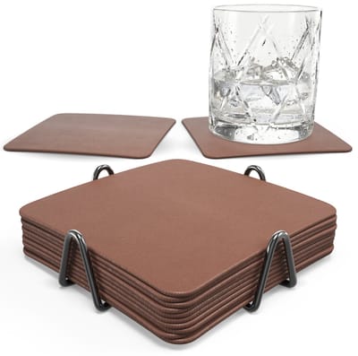 Castagnola Kunstlederen Onderzetters – Onderzetters voor Glazen – Design Onderzetters met Houder – Leren Onderzettersset met metalen houder – Leder – Set van 10 - Bruin - 10x10cm