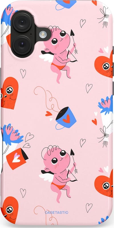 Casetastic hoesje geschikt voor Apple iPhone 16 Plus - MagSafe - Dubbellaagse bescherming - Cupido's Keuze - Fashion Case - Lichtgrijs Lichtroze Wit Rood