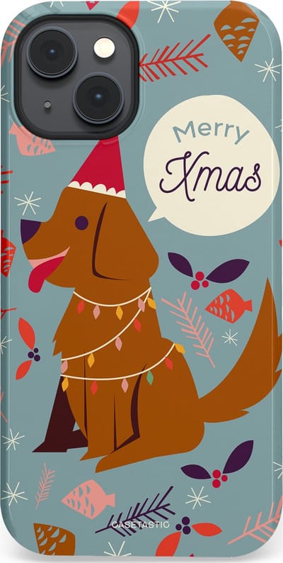 Casetastic hoesje geschikt voor Apple iPhone 14 Plus - MagSafe - Dubbellaagse bescherming - Merry Christmas Hond - Fashion Case - Zilver Bruin Saliegroen Rood