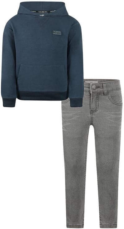 Koko Noko - Kledingset - Basic Collection - Bio Cotton - Grijze jeans - Sweater with hood Navy - Maat 92