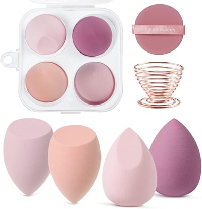 Famanu – Set van 4 beautyblenders met houder en kwast – Voor foundation, poeder en crème – Roze