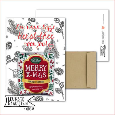 Kaartkadootje -> Kerst-Thee - No:07 (Een Warm kopje Kerst-thee voor jou - Merry X-Mas - Kersttakjes, dennenappels zwart-wit) - LeuksteKaartjes.nl by xMar