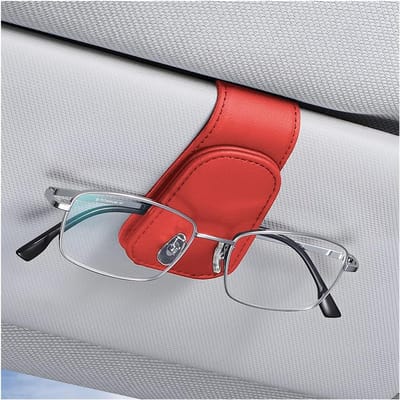 Famanu – Zonnebrilhouder voor autozonneklep, magnetische lederen brillenclip met kaartvak, rood