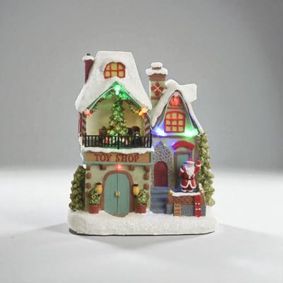 Handgeschilderd kersthuisje 'Toyshop' met LED & beweging – 18 cm hoog