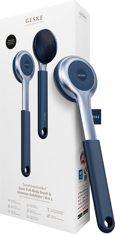 GESKE Sonic Full-Body Brush & Intensive Exfoliator | 8 in 1 | Reinigingsborstel | Met SmartSonic-pulsaties | Diepe reiniging, peeling, massage | Uitschuifbare handgreep | Ruwe huidverwijderaar