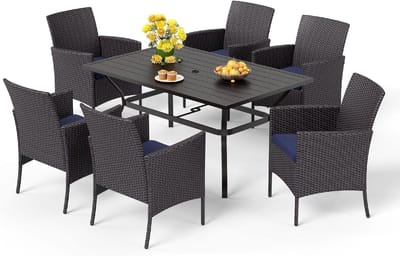 Tuinset 6 Personen 152x96x71 cm – Polyrotan Tuintafel met 6 Stoelen & Verstelbaar Parasolgat – Weerbestendige Dining Set voor Tuin & Terras – Bella
