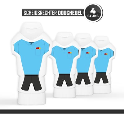 Douchegel "Scheidsrechter" - 300 ml - 4 stuks - Triomf Cosmetica | Showergel Shampoo Cadeau | Week van de Scheidsrechters Sport Scheids Voetbal Volleybal Cadeautje Douchegel Set Bedankt Tenue Wedstrijd Toernooi Rode Gele kaart Shirt Blauw Shampoo