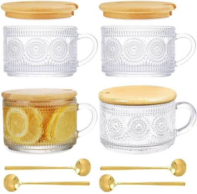 Dailygoods- Glazen Bekers Set van 4 - Koffiekopjes met Handvat - Bamboe Deksels - 450 ml - Vintage Ontwerp - Duurzaam Glas