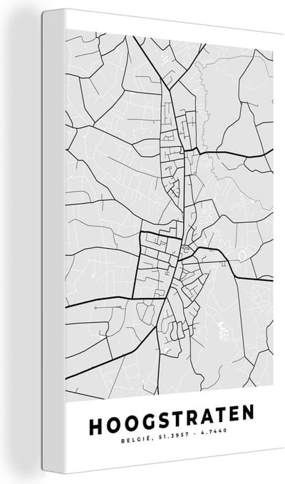 Canvas Schilderij Stadskaart – Plattegrond – België – Zwart Wit – Hoogstraten – Kaart - 20x30 cm - Wanddecoratie