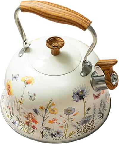 Waterkoker 3L - Fluitketel RVS - Thuis en Camping - Bloemen Design - 3 Liter - Beige