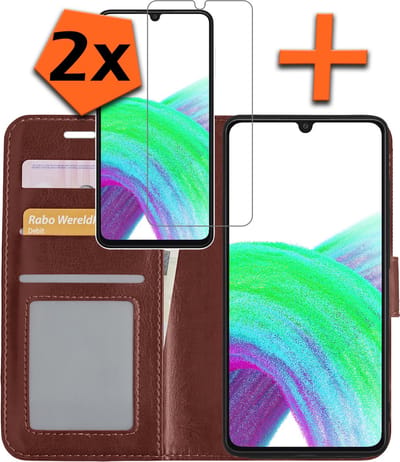 Hoes - Met 2x Screenprotector - Geschikt voor Samsung Galaxy A33 - Luxe Pasjeshouder - Bookcase Portemonee - Flip Case - Kunstleer Book Case - Flipcase Hoes - Book Cover - Walletcase - PortemonneeHoes - Bruin
