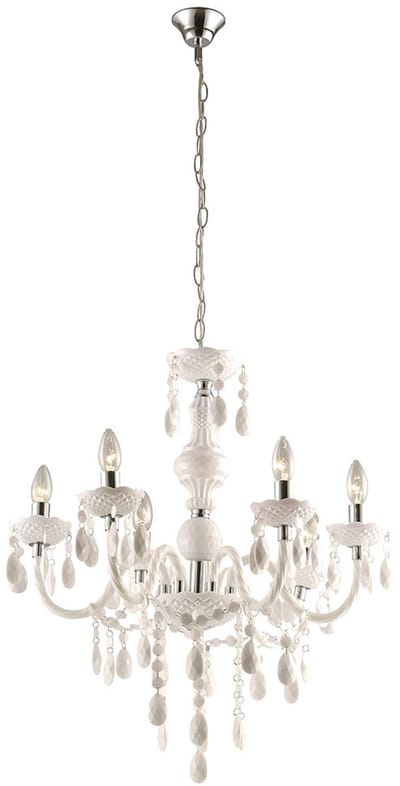 Kroonluchter kristallen hanglamp 6 vlammen kroonluchter wit, hangende chroom accenten, 6x E14 stopcontacten, DxH 67x166 cm