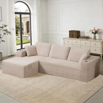 Luxe Corduroy L-vormige Hoekbank - Met Chaise Longue - Beige - Arqam