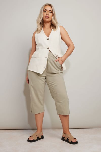 Yours Cropped Broek Van Katoen Met Elastische Taille In Beige Size 48