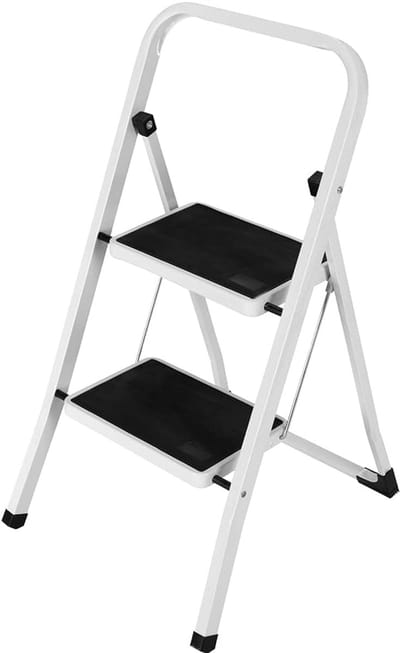 Famanu - Trapladder met 2 treden, inklapbaar, met antislip pedalen en veiligheidsgreep, draagvermogen 150 kg