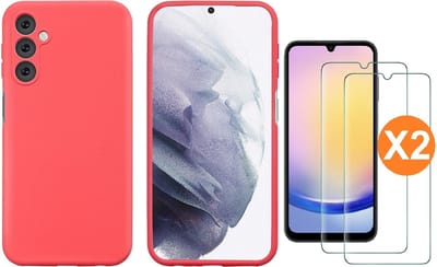Hoesje Geschikt Voor Samsung Galaxy A25 Hoesje siliconen Rood zacht siliconen hoesje TPU backcover - Met Screenprotector - 2 stuks