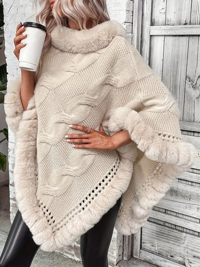 Dutchers® Luxe Gebreide Dames poncho met Nepbont Afwerking - Elegante Cape top - Herfst & Winter Fashion – One Size Sjaal - Dameskleding