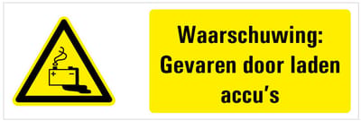 Waarschuwing voor gevaren door laden accu's tekstbord 200 x 75 mm