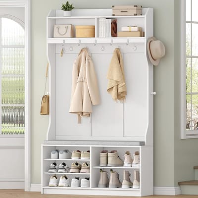 HEZIVO® Halmeubel met Kapstok - Kapstok met Schoenenkast - Schoenenrek - Garderobeset - Wit