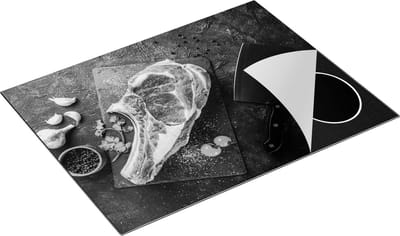 Chefcare Inductie Beschermer Vlees met een Mes op een Marmeren Plaat - Zwart Wit - 77x59 cm - Afdekplaat Inductie - Kookplaat Beschermer - Inductie Mat